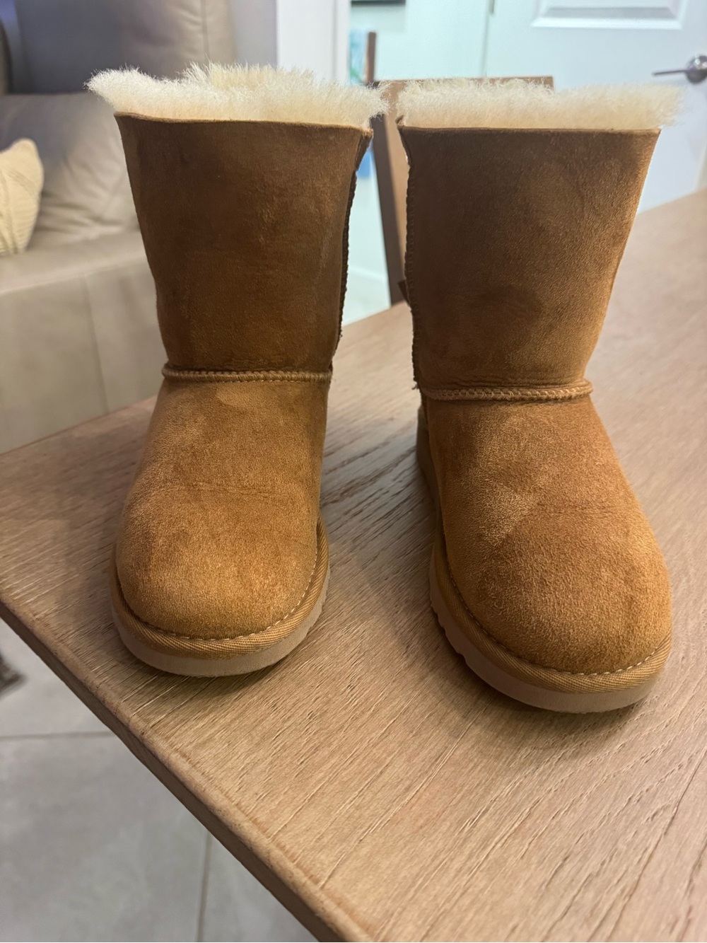 UGG Chestnut Shearling Mini Boots with Back Ribbon Bows - Picture 2 of 5